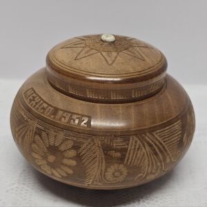 Vintage 50s Mexican Hand Carved Floral Wooden Trinket Box Personalized TERESITA